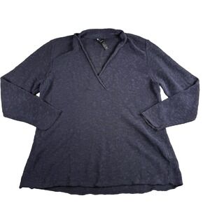 Eileen Fisher Sweater Womens L Black V Neck Open Knit Tunic Linen Blend Resort